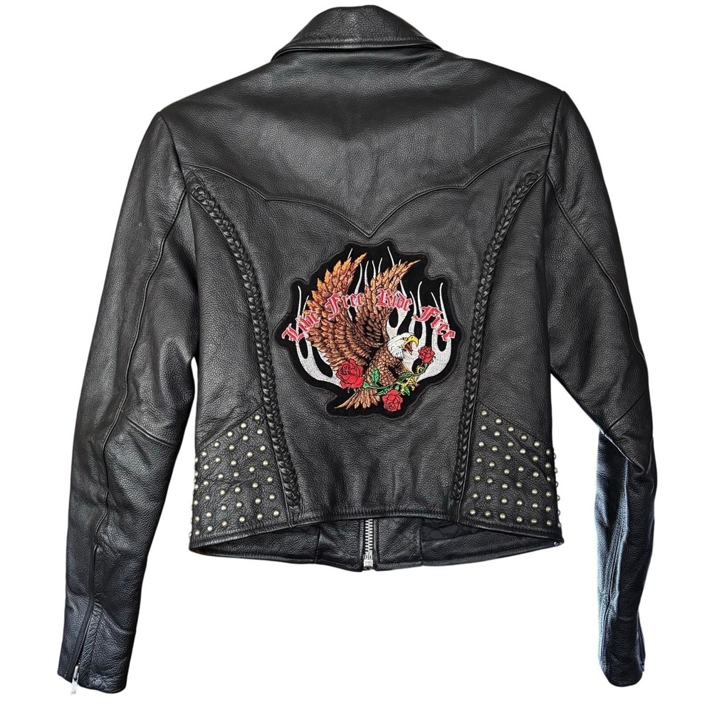 FMC Studded Leather Motorcycle Jacket Womens size XS Eagle Live Free Ride Free - Picture 3 of 7